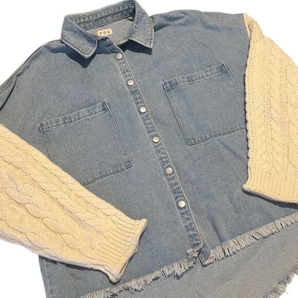 POL Blue Denim Cable Knit Sweater Sleeves Frayed Hem Top Size Small - Picture 1 of 9